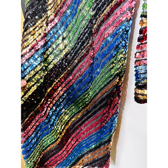 ALCOOLIQUE Peyton Tubolar Black Rainbow Stripe Sequin Mesh Backless Mini Dress10 - Picture 10 of 16